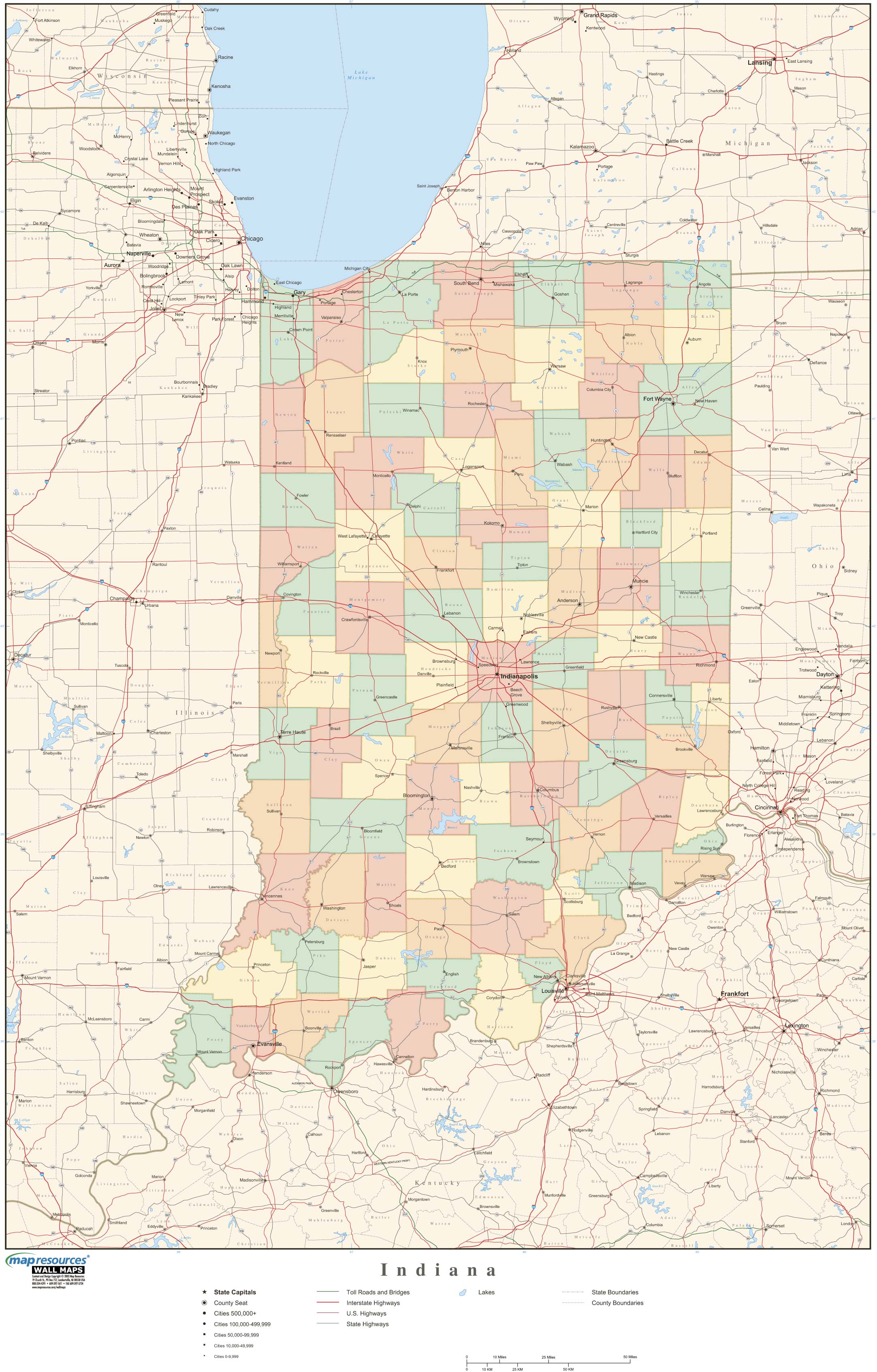 Indiana Wall Map with Counties by Map Resources - MapSales