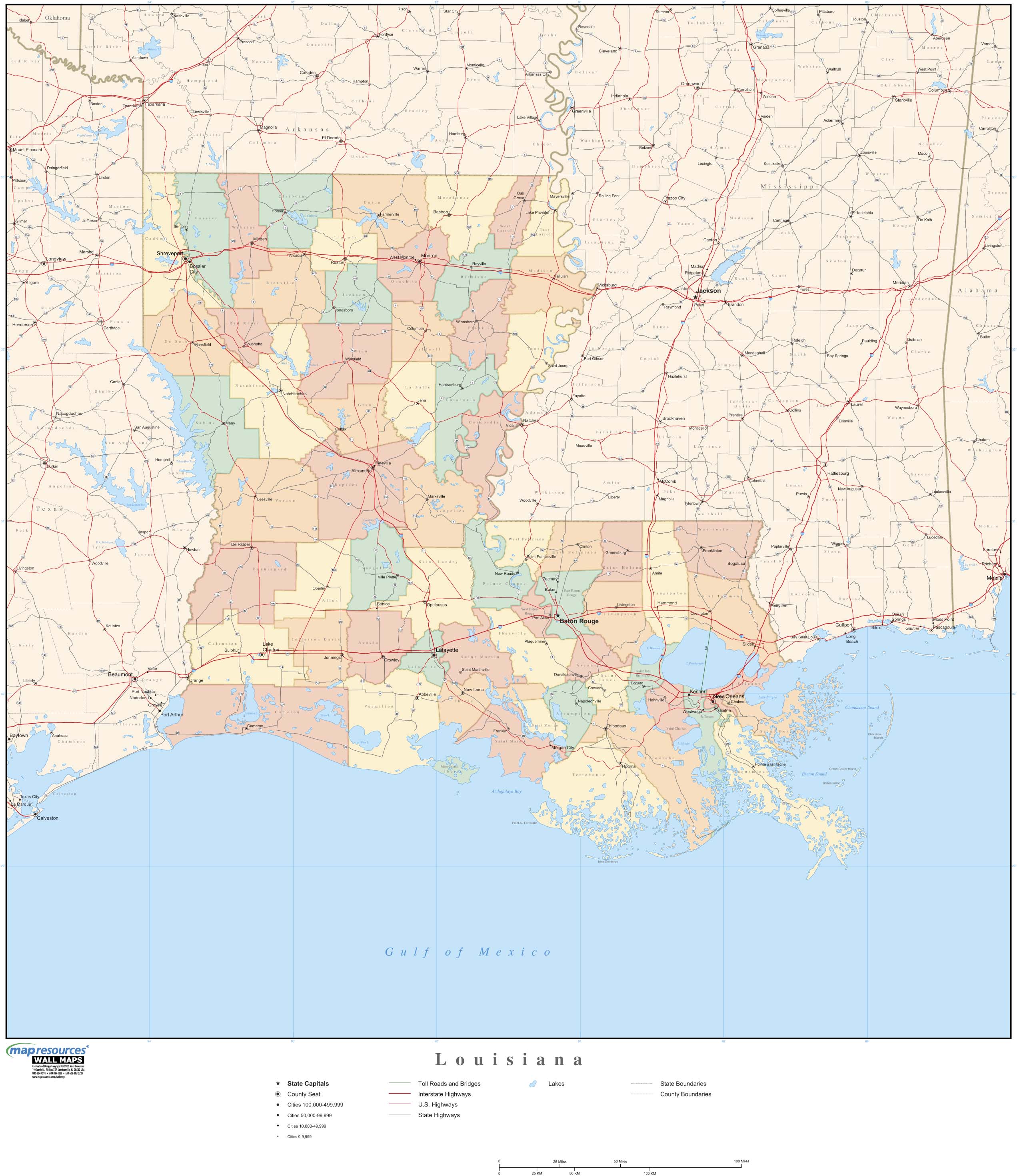 Louisiana Wall Map with Counties by Map Resources - MapSales