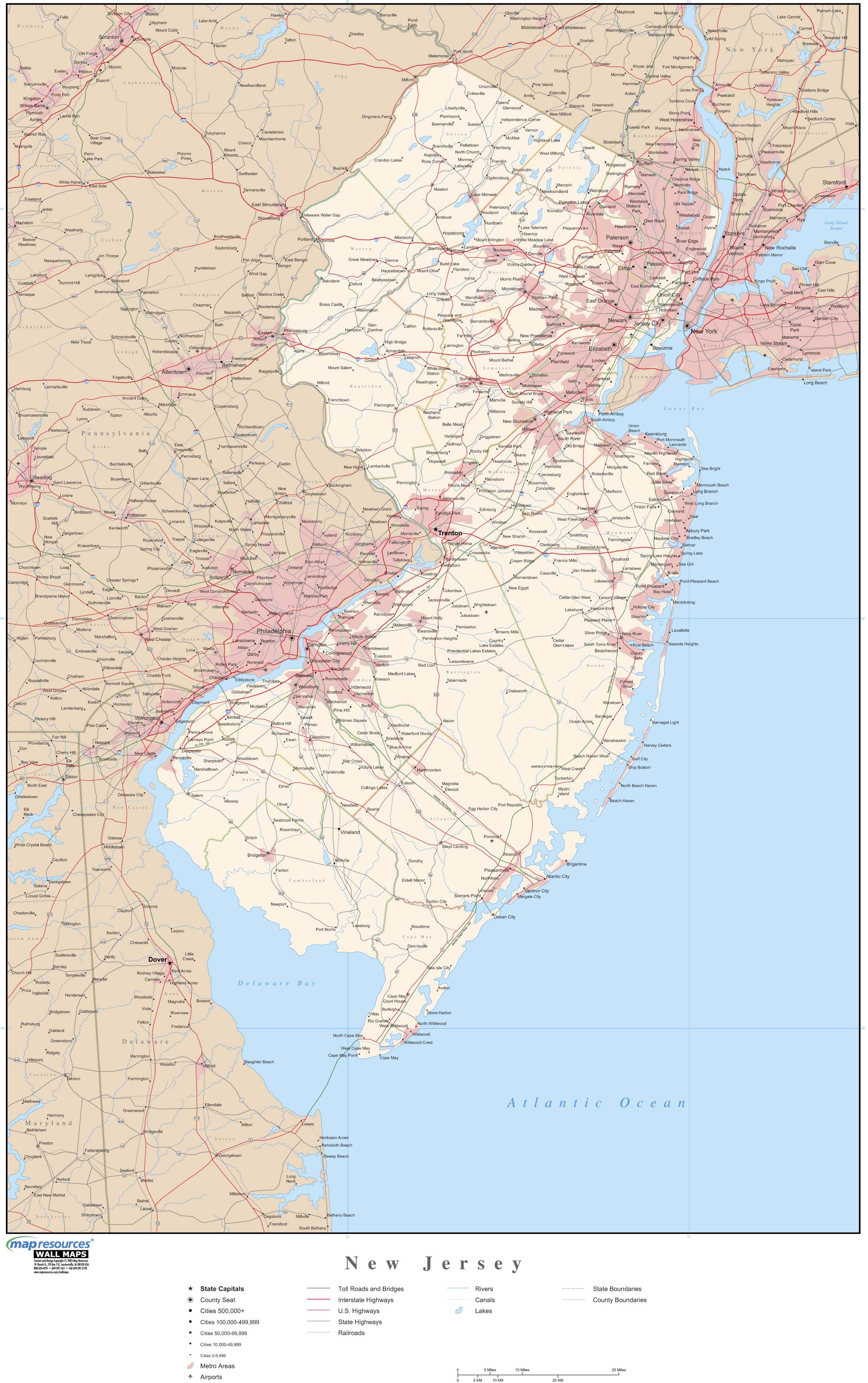 New Jersey Wall Map With Roads By Map Resources - Mapsales