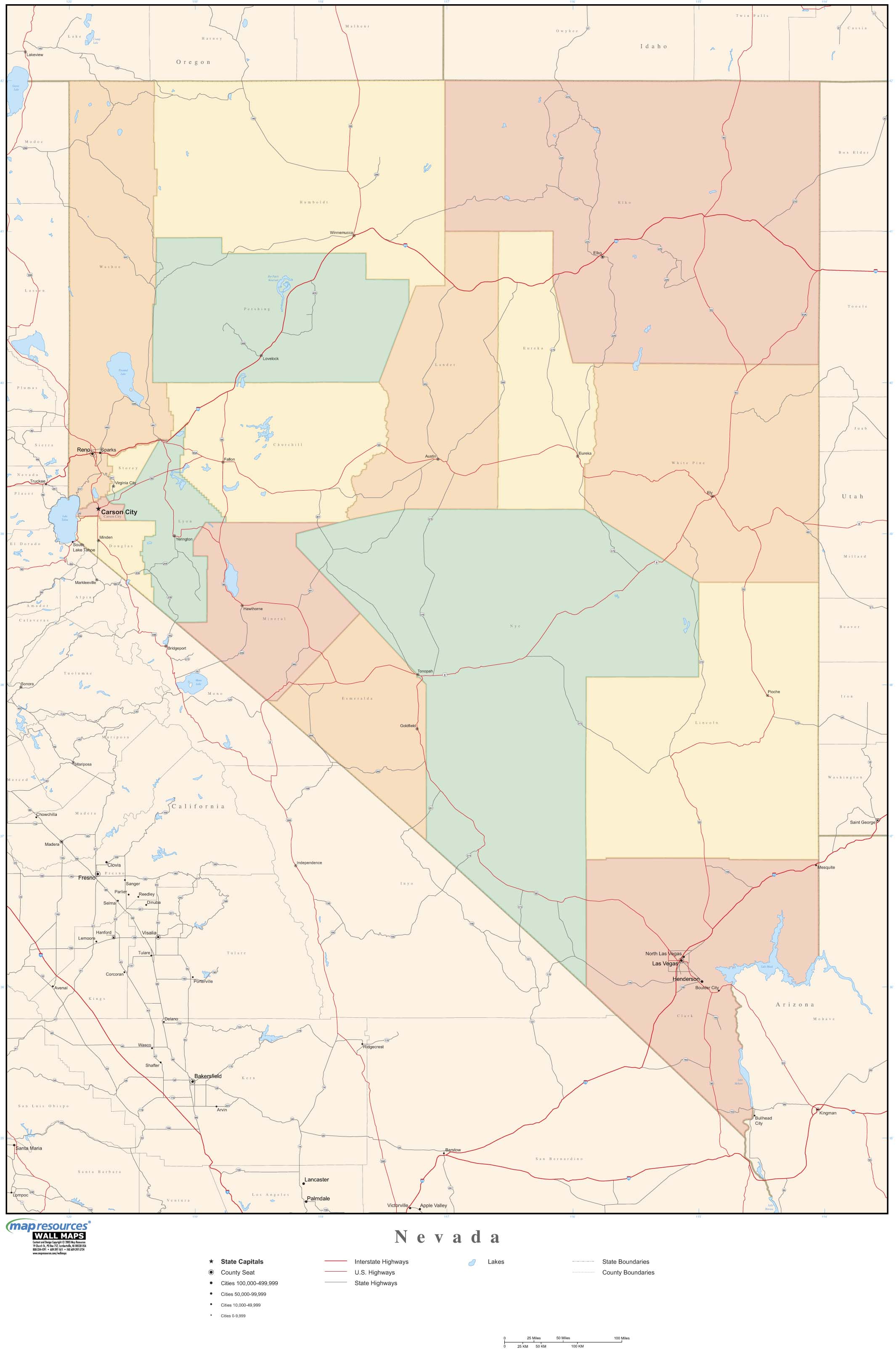 Nevada Wall Map With Counties By Map Resources Mapsales