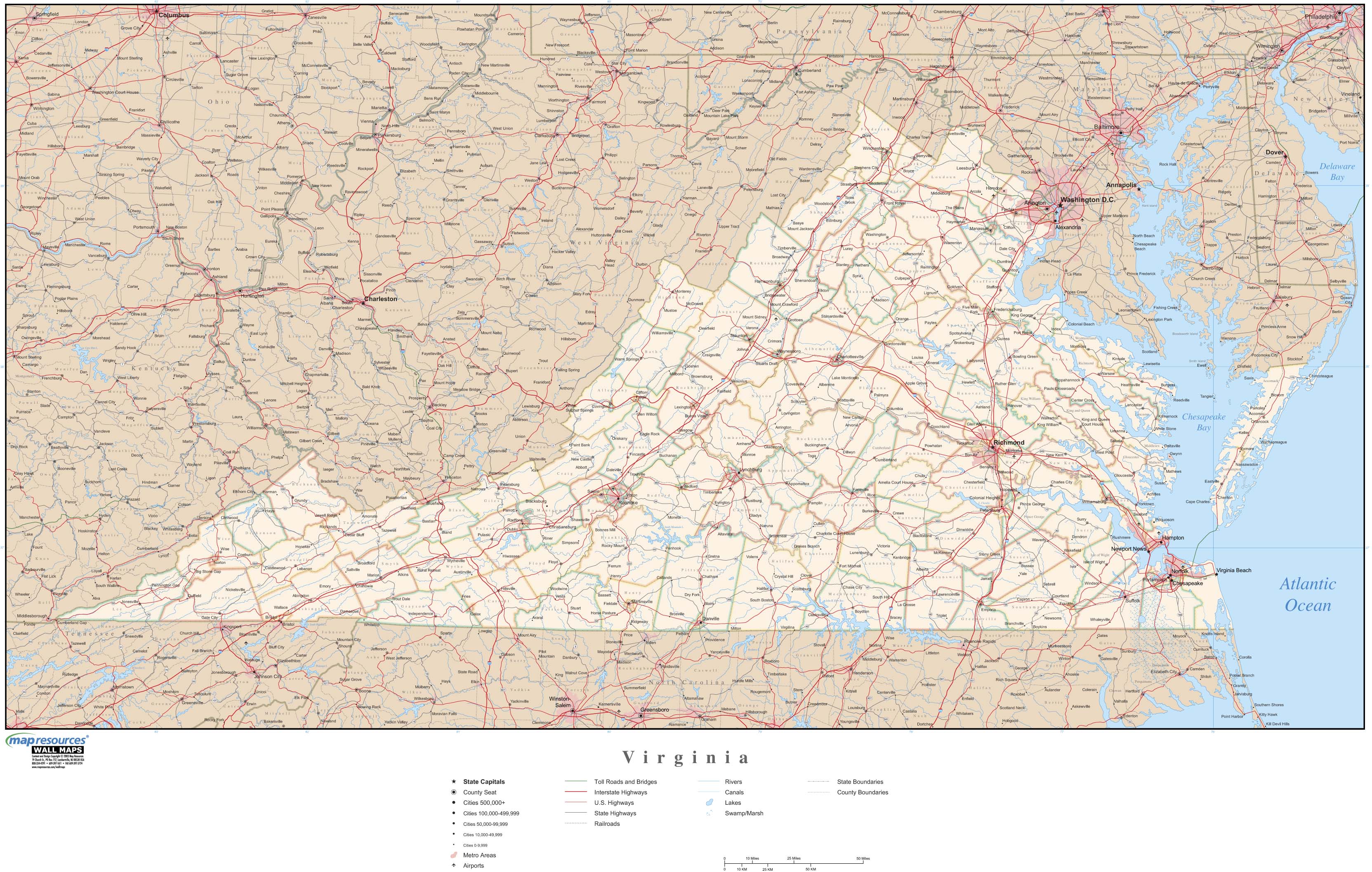 Laminated Map Large Detailed Roads And Highways Map Of Virginia State Images 3809