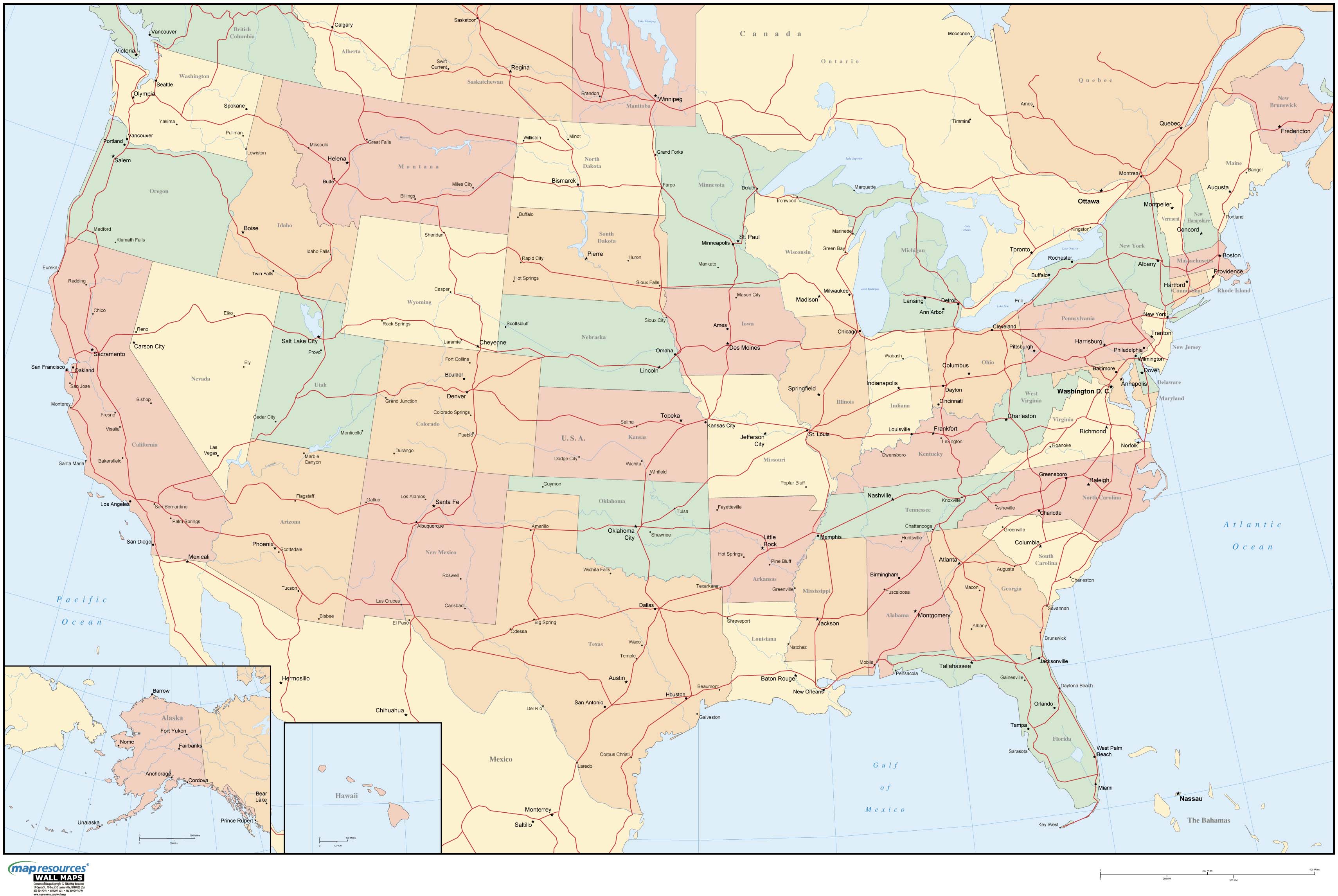 United States Political Wall Map w/ Highways and Oceans by Map ...