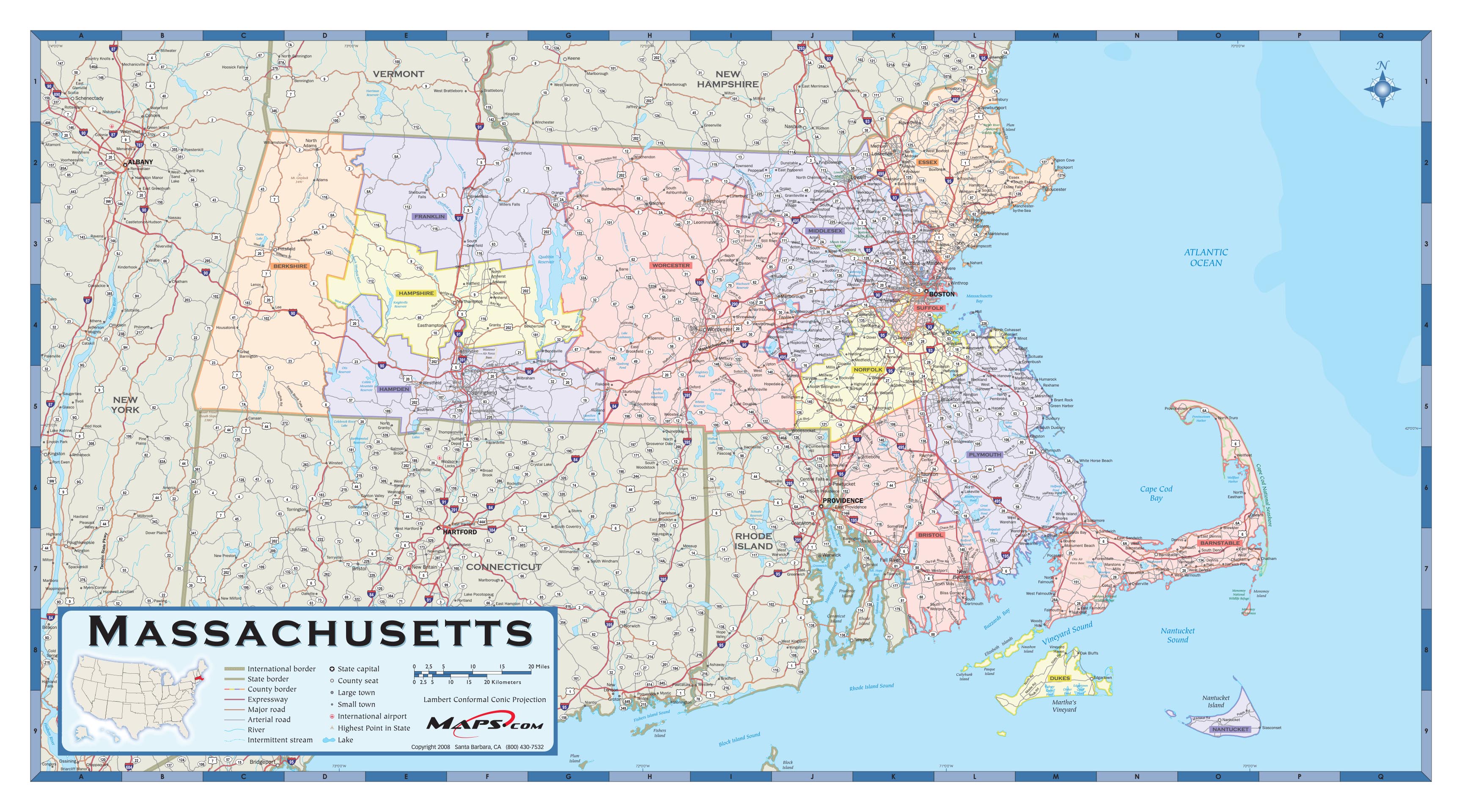 Massachusetts County Outline Wall Map By Mapsales | Images and Photos ...