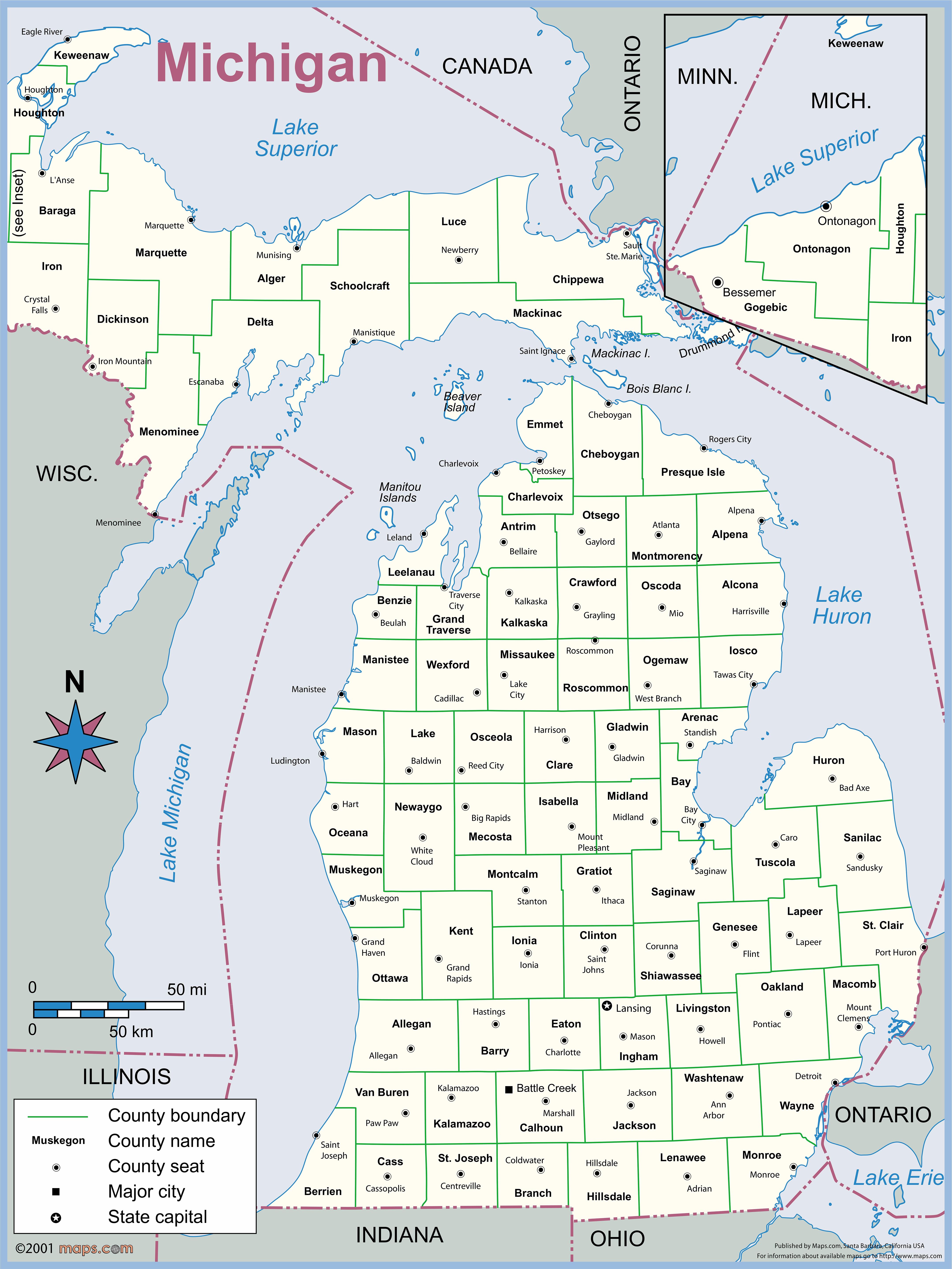 michigan-county-outline-wall-map-by-maps-mapsales