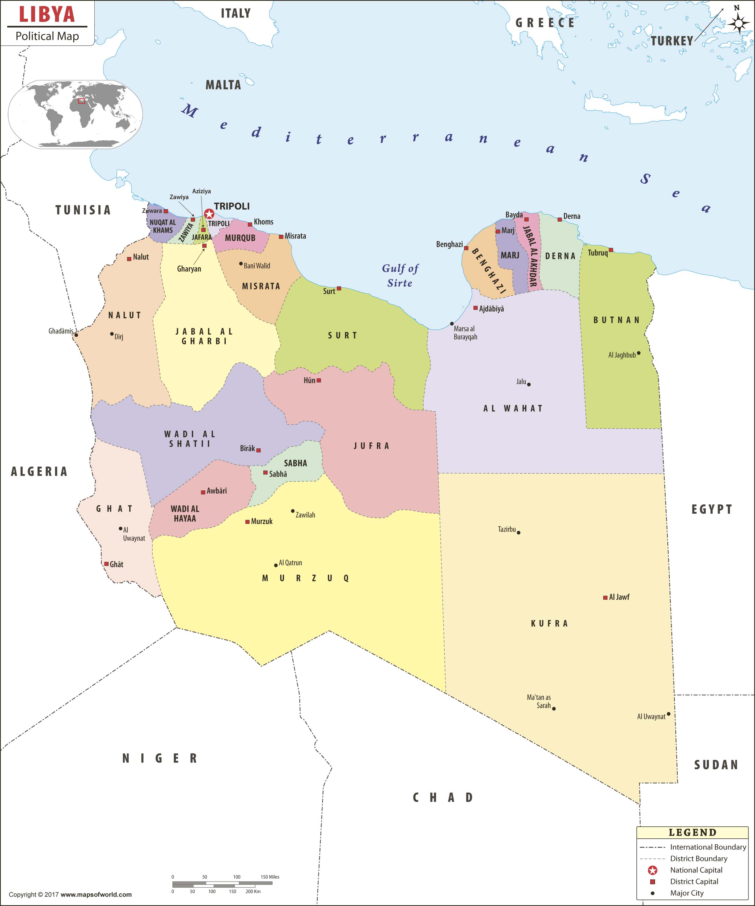 Libya Political Wall Map by Maps of World - MapSales