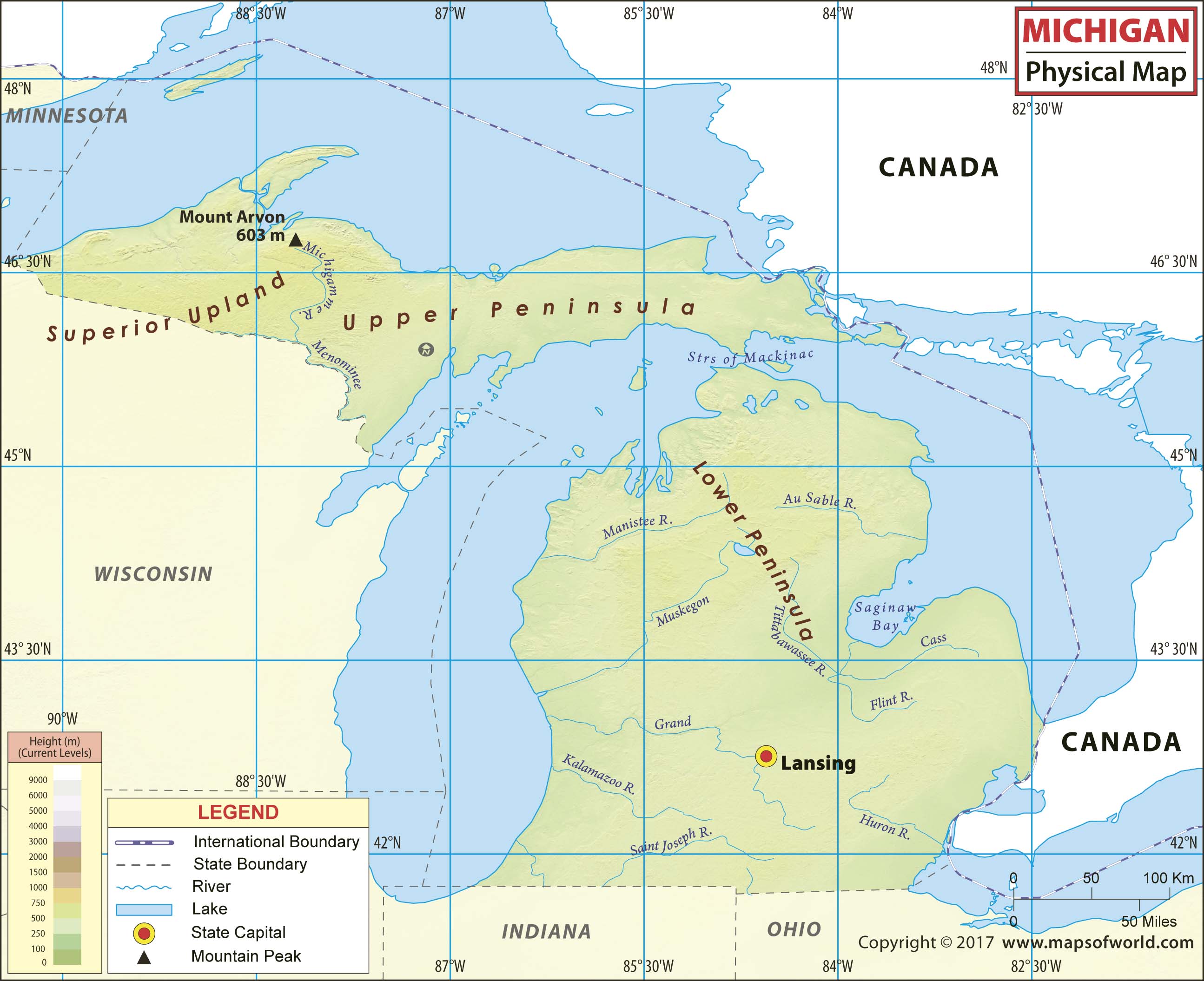 Michigan Physical Wall Map by Maps of World - MapSales