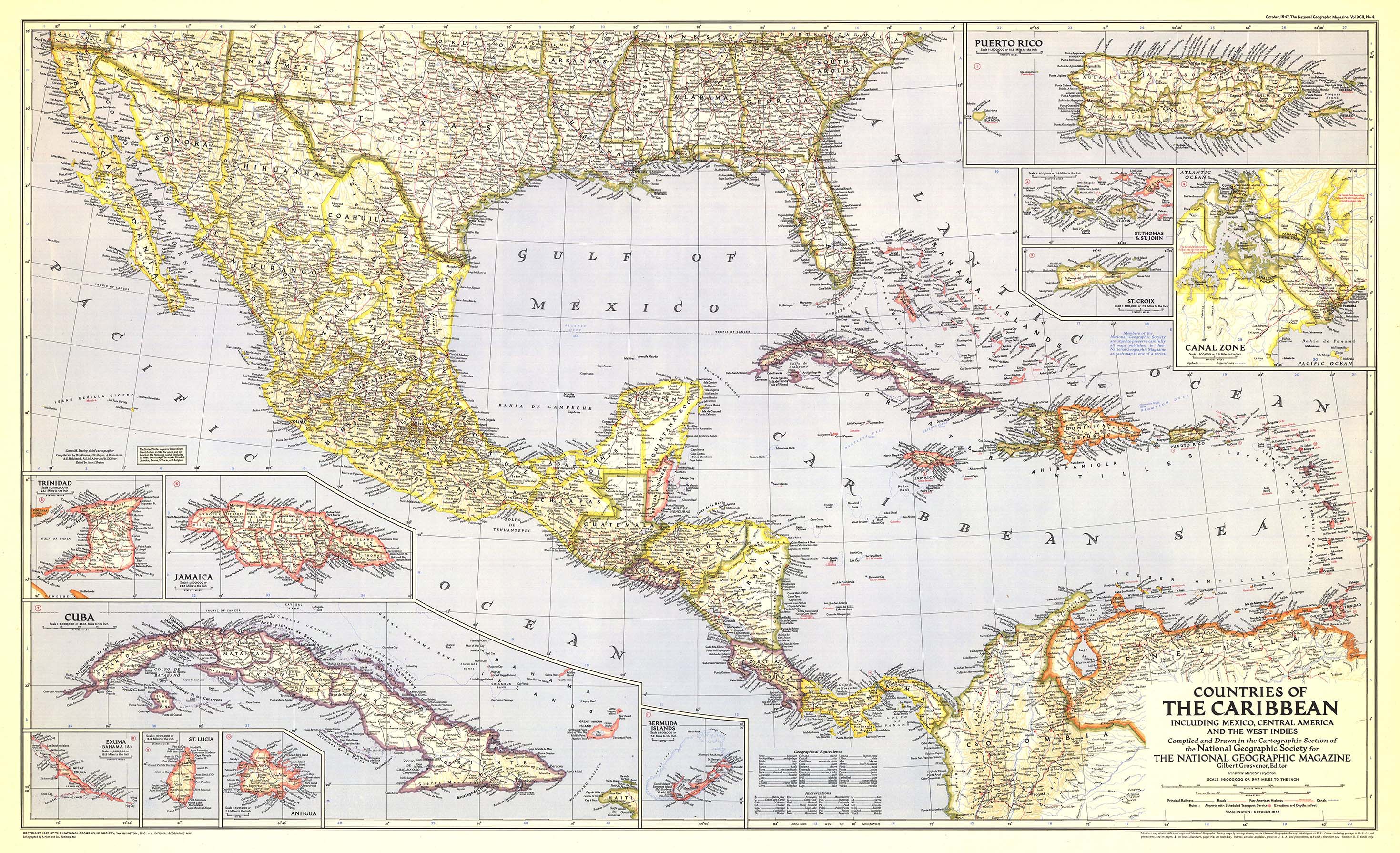 Countries of the Caribbean 1947 Wall Map by National Geographic