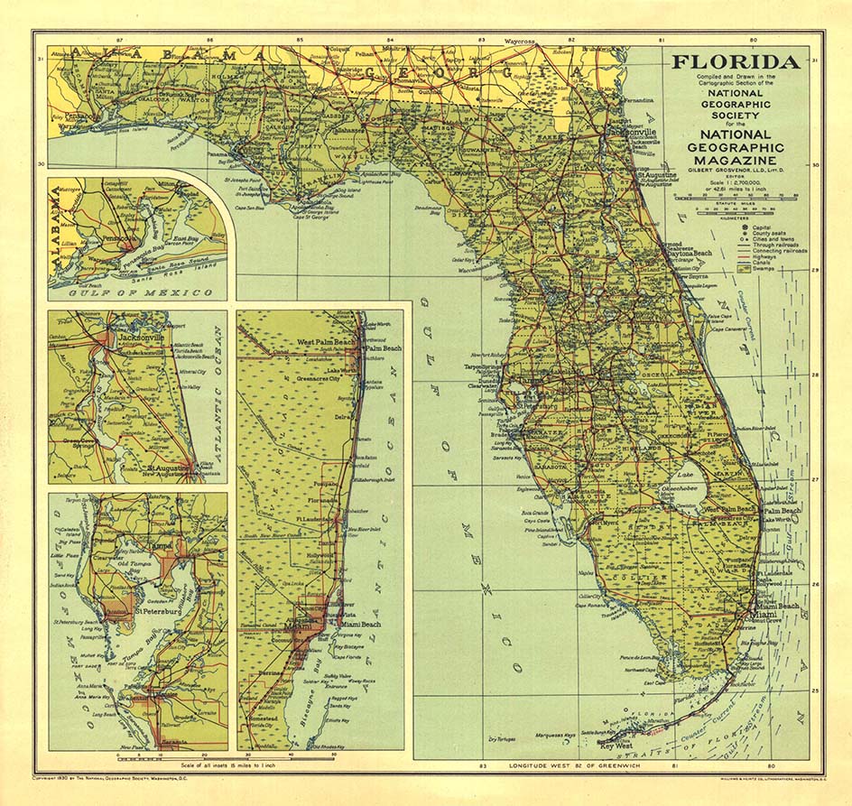 Florida 1930 Wall Map by National Geographic