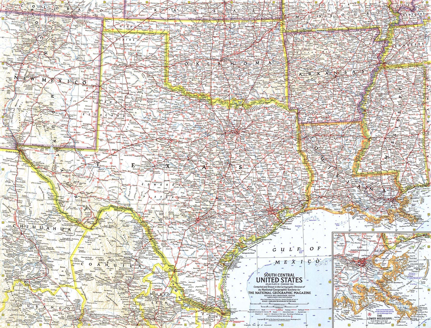 South Central US 1961 Wall Map by National Geographic - MapSales