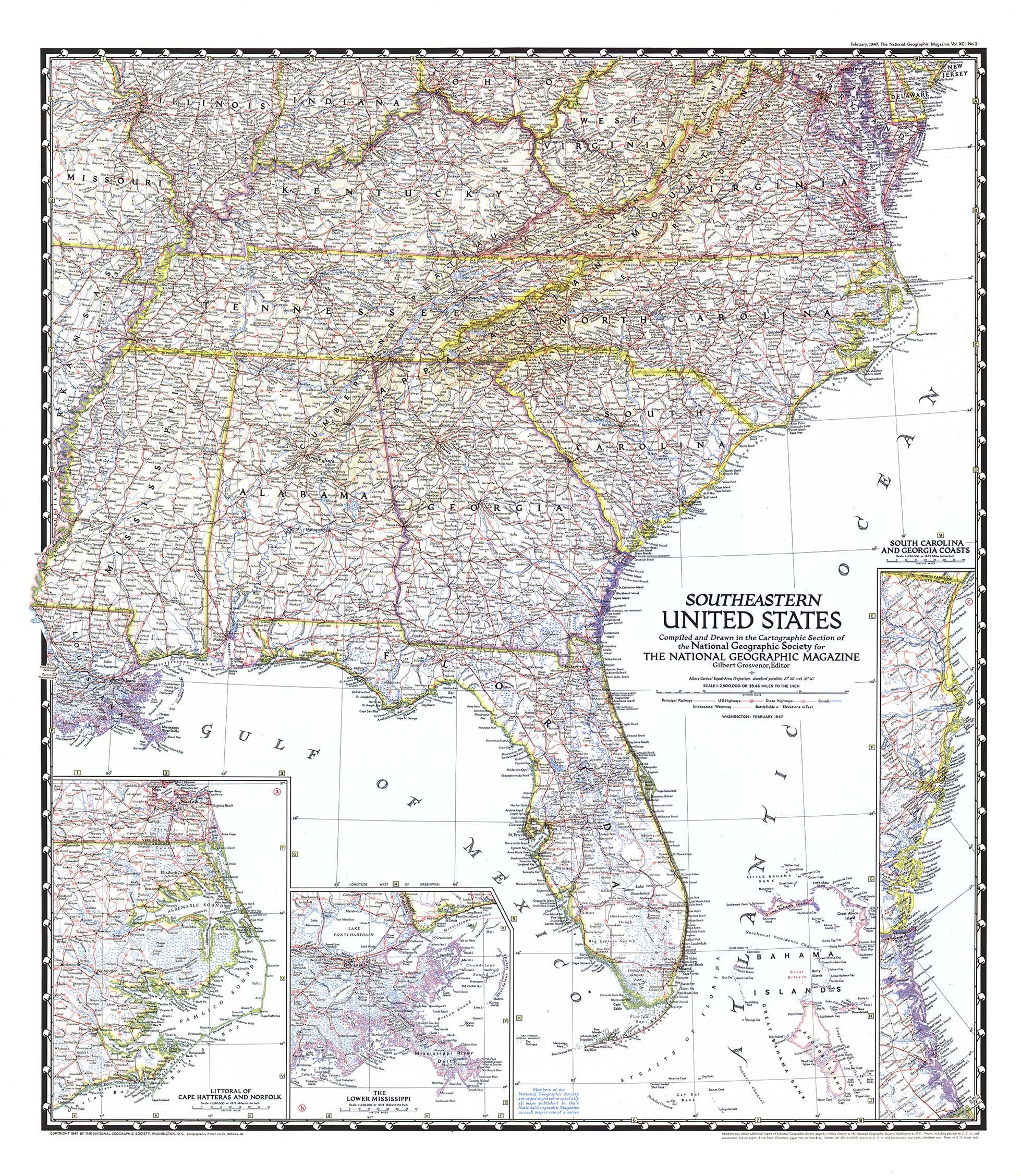 Southeastern US 1947 Wall Map by National Geographic - MapSales