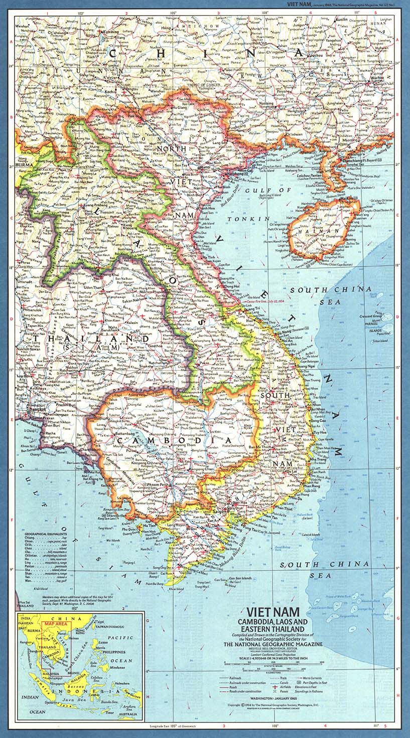 Vietnam, Cambodia and Laos 1965 Wall Map by National Geographic - MapSales