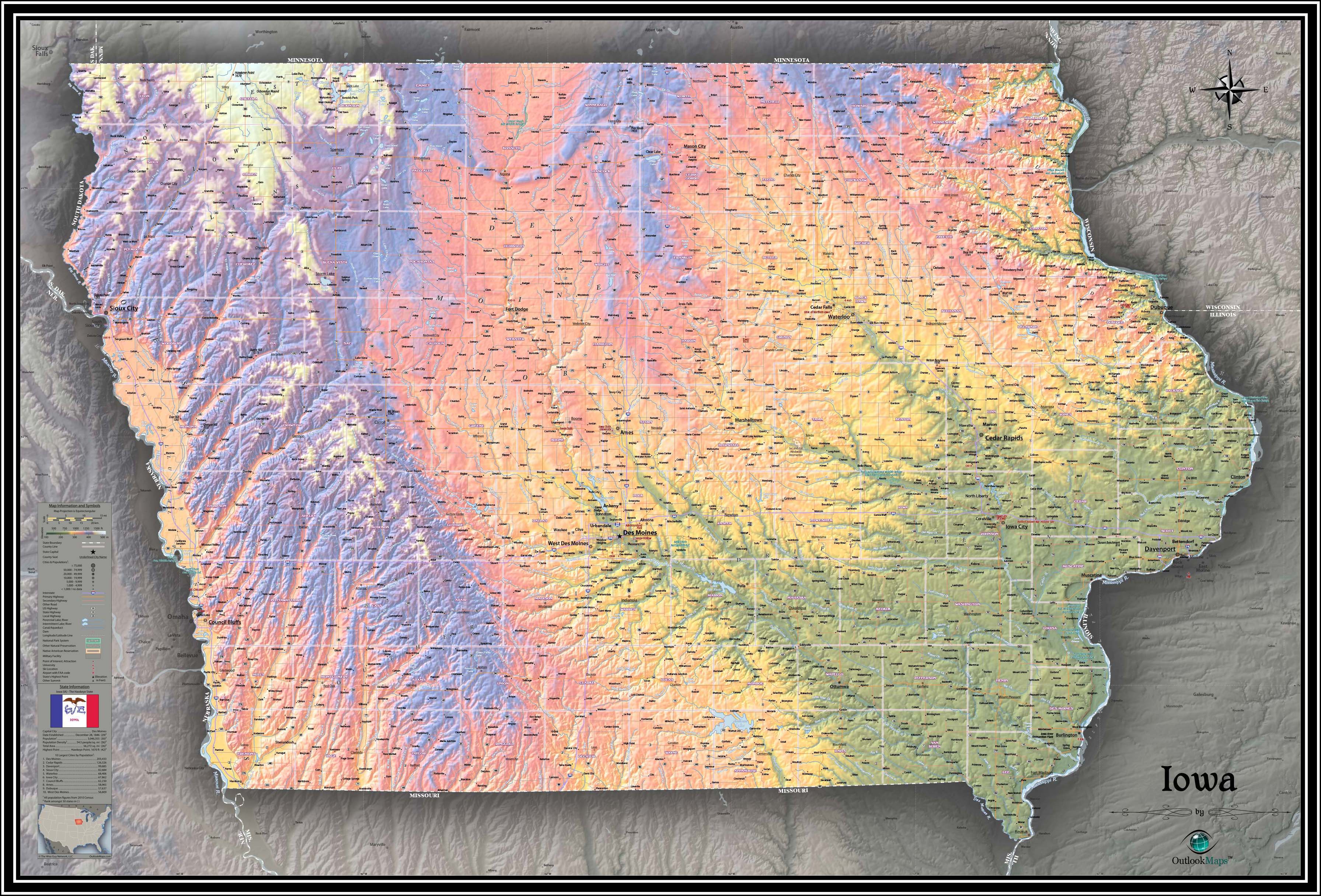 Iowa Physical Wall Map By Outlook Maps MapSales   IA Physical 