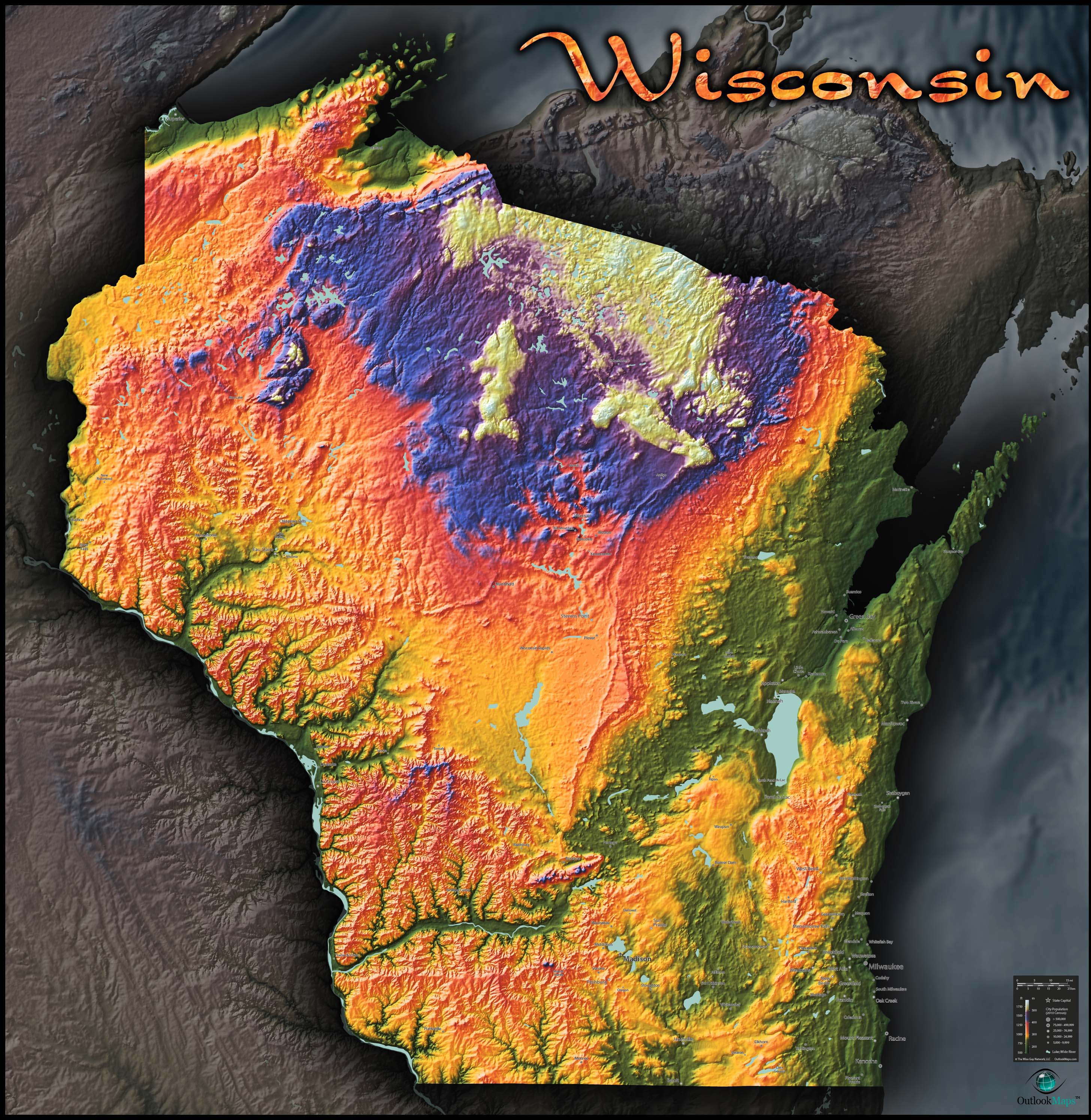 Wisconsin Topo Wall Map by Outlook Maps - MapSales