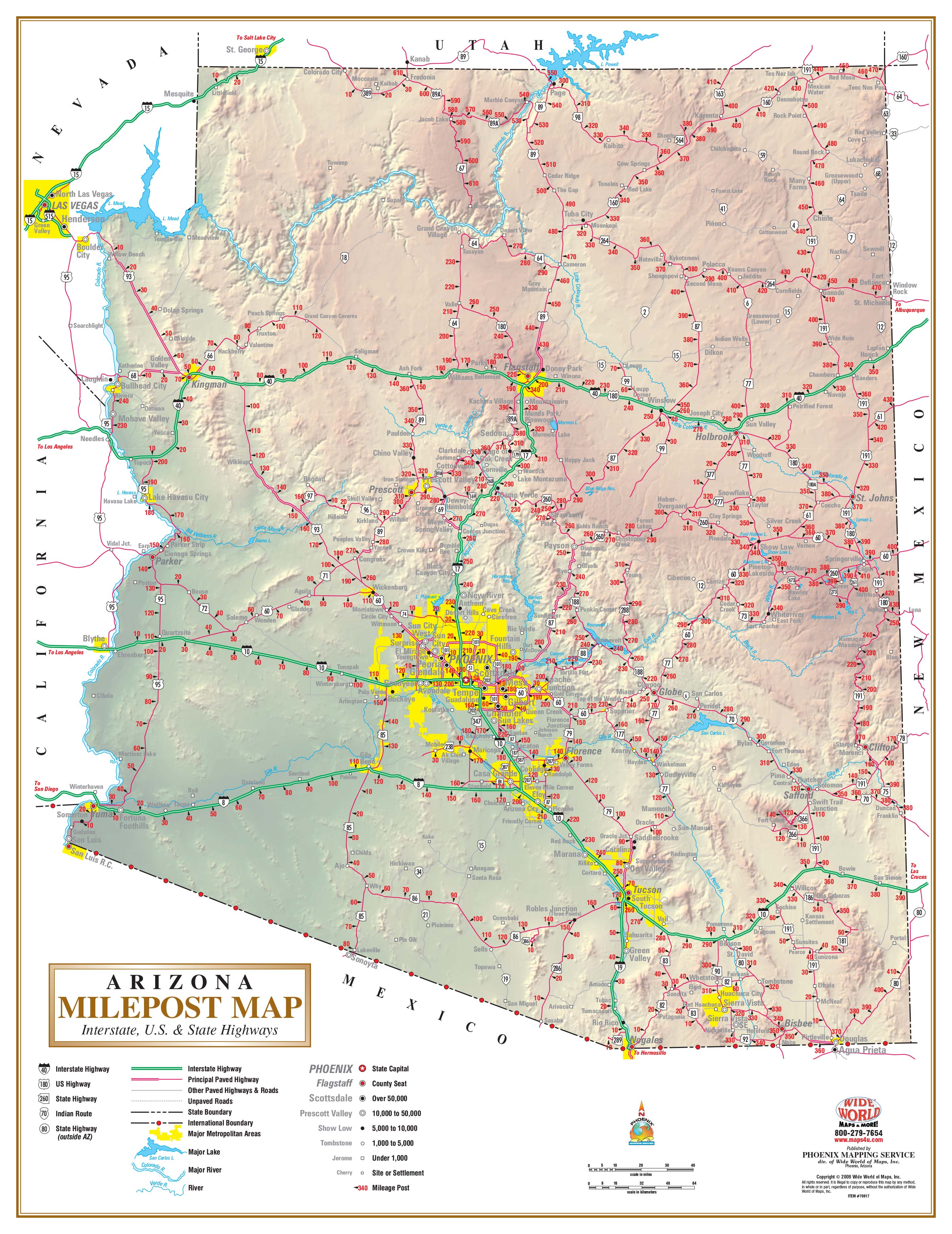 Arizona Milepost Interstate Wall Map by Wide World of Maps - MapSales