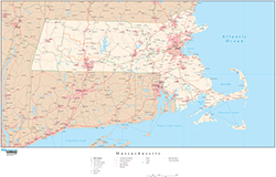 Massachusetts with Roads Wall Map