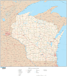 Wisconsin with Roads Wall Map
